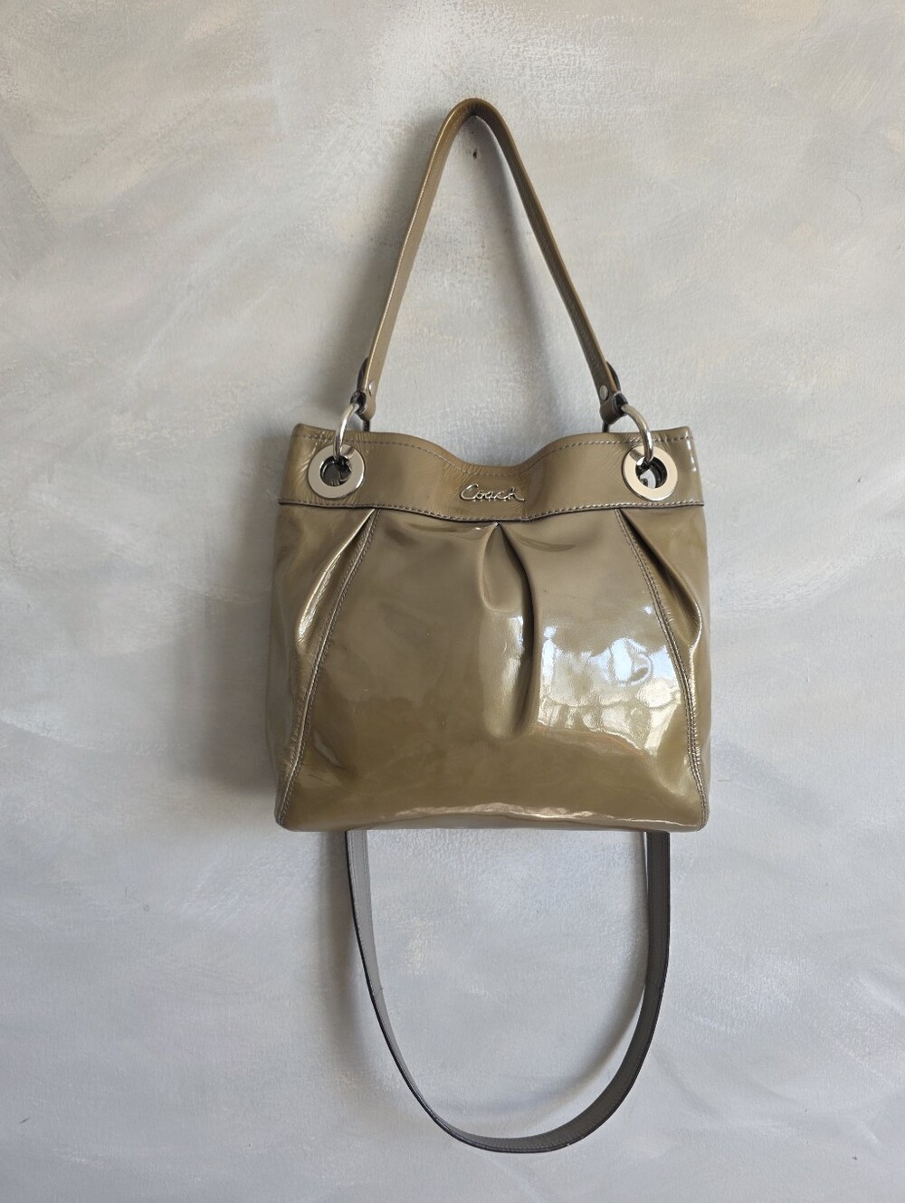 Coach Ashley Pleated Patent Leather Hippie Bag F17953 Putty / Beige Shoulder